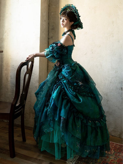 Jupe asymétrique style Lolita fée de la forêt verte, peinture à l'huile, avec pince à cheveux florale