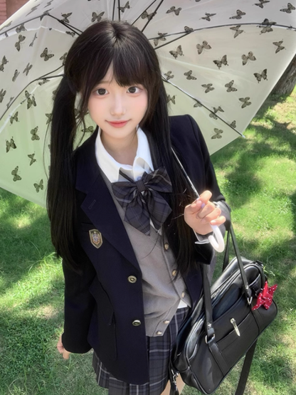 Stil Manschetten verziert Design Preppy JK Uniform Abzeichen Knopf Dark Blazer Blau