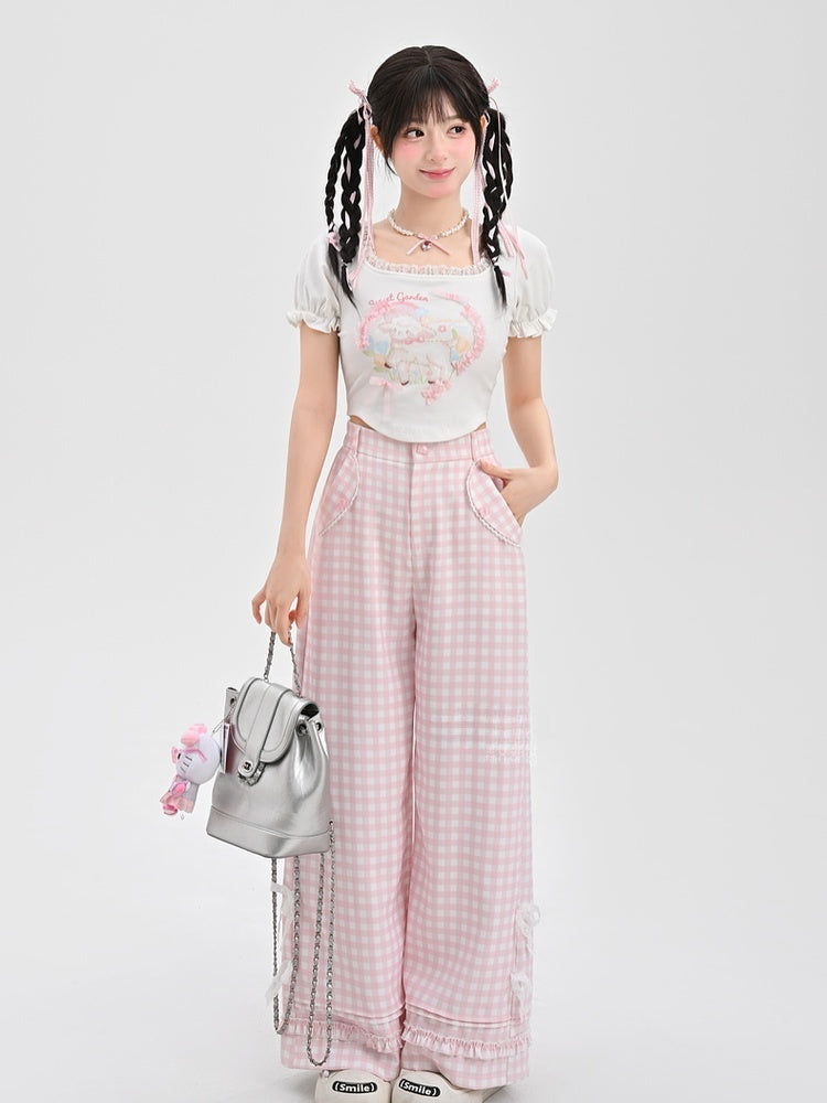 Pink Plaid High Waist Lace Bowknots Wide-Leg Pants Version Regular/Short