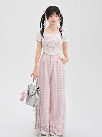 Pink Plaid High Waist Lace Bowknots Wide-Leg Pants Version Regular/Short
