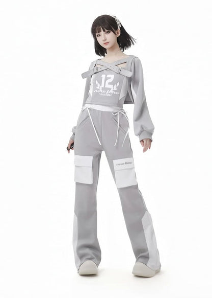 Gray  Cami White Design Set Colorblock Graphic Top Criss-Cross Buckle Straps Cardigan