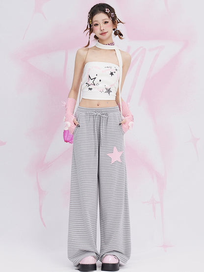 Pantalon de survêtement décontracté à rayures et coupe droite avec patch étoile gris