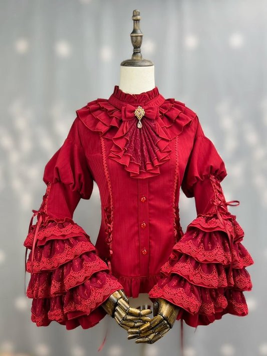 Kuro Ruffle Lolita with Tie Bell Neckline Shirt Gothic Layered Sleeves Jabot Red