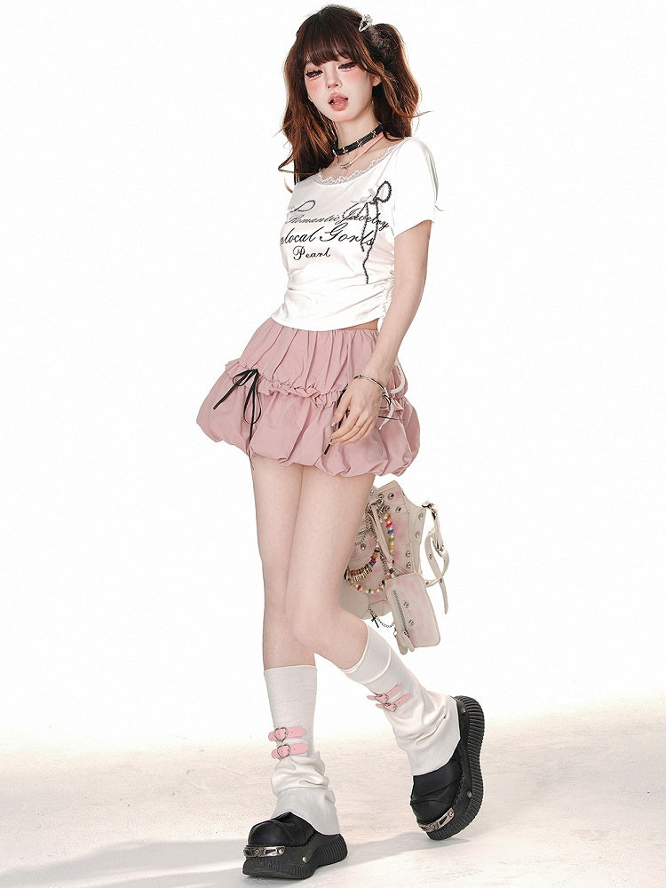Grey Letters Print Drawstring Waist T-shirt