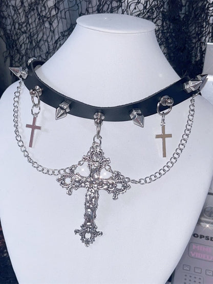 Y2K Punk Crosses Pendant Black Studs Choker