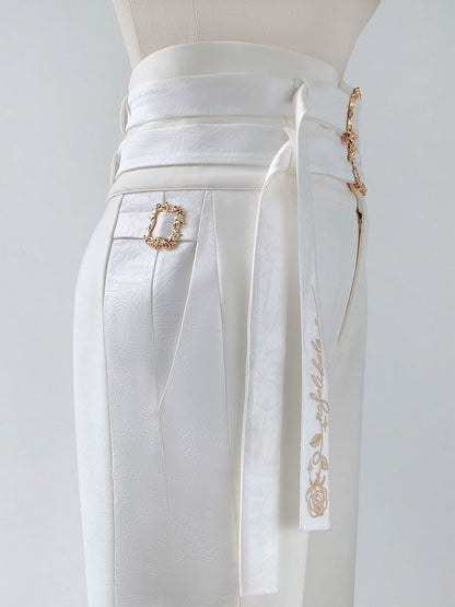 Pantalon Lolita taille haute blanc Ouji Fashion avec deux ceintures