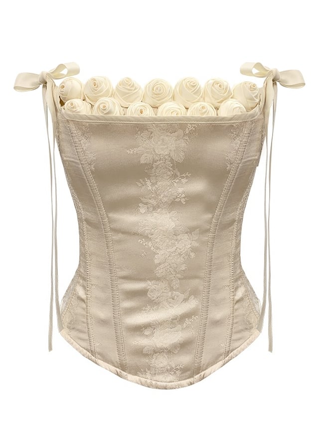 Roses and Bowknot Decorated Neckline Boned Corset Top