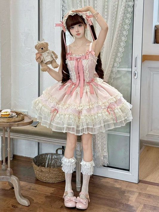 Dress Skirt Decorated Sweet Jumper Lolita Balletcore Pink Bowknots