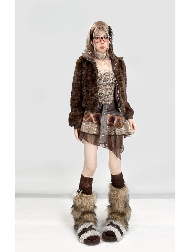 Gyaru Coffee Leopard Plush Jacket