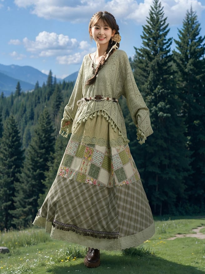 Bohemian Green V-neck Tassels Hem Top with Belt