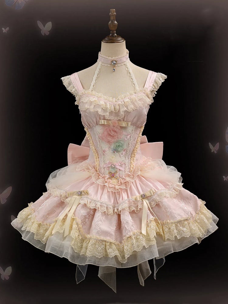 Robe princesse Lolita Hanayome à taille corset et baleines, motif floral rose