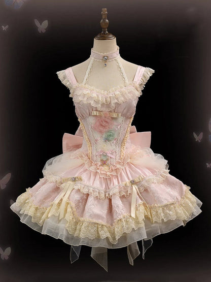 Robe princesse Lolita Hanayome à taille corset et baleines, motif floral rose