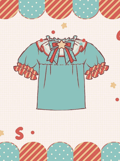 Bluse Puff Sweet und Orange Pompoms Kragen Ärmel Grün