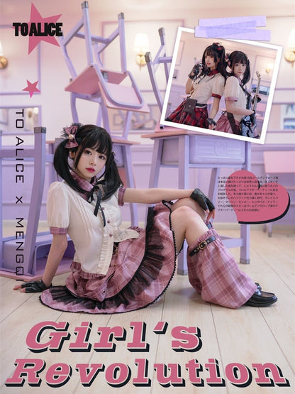 Pink Plaid Buckle Strap Thigh-length Idol Lolita Skirt