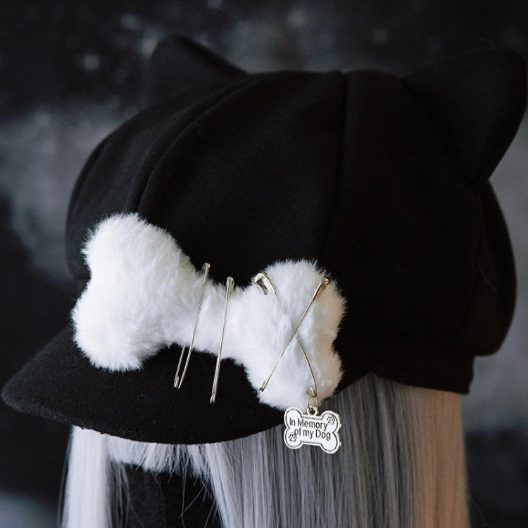 Design Schwarz Gothic Pin Verziert Ohr Hut Baskenmütze Katze Knochen Plüsch