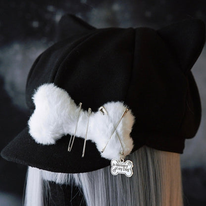 Design Schwarz Gothic Pin Verziert Ohr Hut Baskenmütze Katze Knochen Plüsch