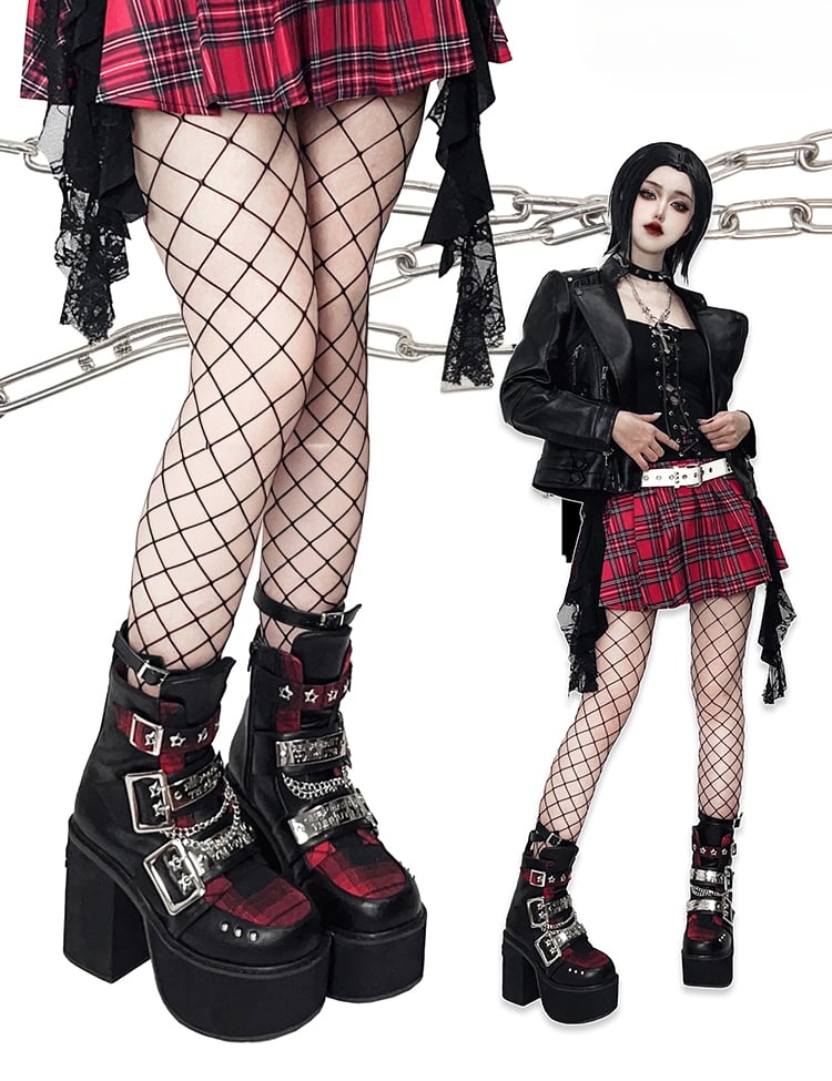 Black & Red Punk Rectangle Metal Plates Buckle Straps  Platform High Block Heels with Studs and Chain