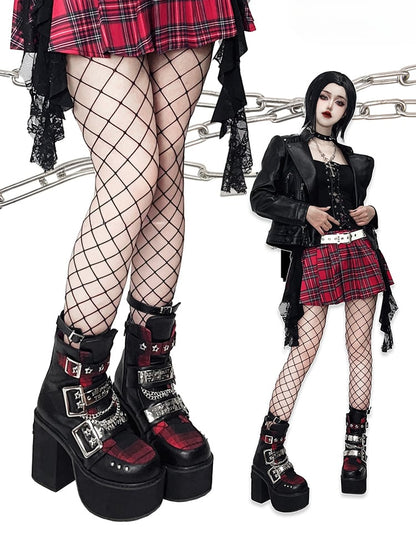 Black & Red Punk Rectangle Metal Plates Buckle Straps  Platform High Block Heels with Studs and Chain