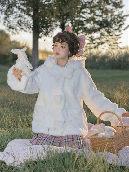 White Cute Lamb Ears Hooded Winter Cozy Plush Coat