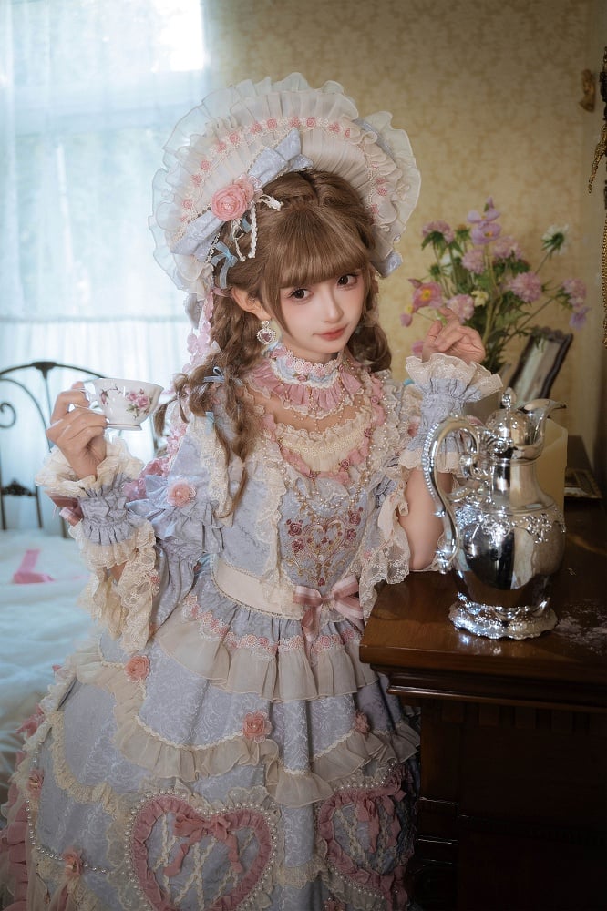 Light Gray Hanayome Rosette Embroidery Floral and Bead Chain Details Lolita OP Full Set