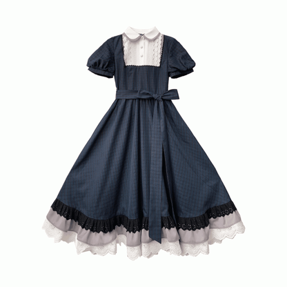 Blue Navy Piece Peter Pan Collar and Puff Sleeves Pattern Classic Plaid Lolita One with Elegant in