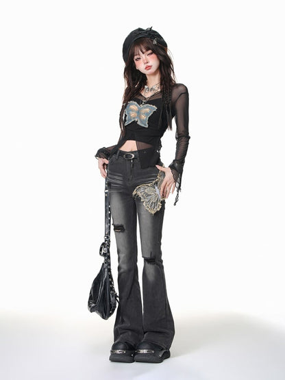 Black Butterfly Applique Distressed Holes Fishtail Jeans