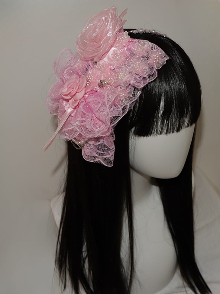 Lace Floral Hairband Decorated Trim Beaded Design Pink