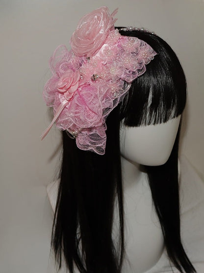 Lace Floral Hairband Decorated Trim Beaded Design Pink