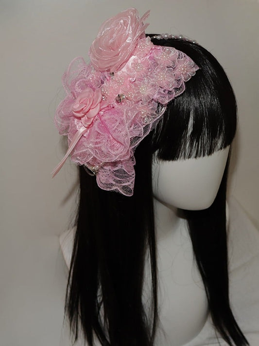 Lace Floral Hairband Decorated Trim Beaded Design Pink