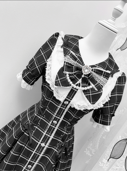 Mini Dress+Shorts Jirai Black Lace-up Plaid Set Embellished Details Kei Waist Rhinestones