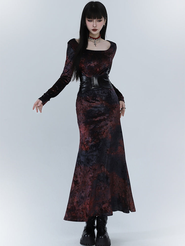 Robe sirène en velours noir et rouge tie-dye