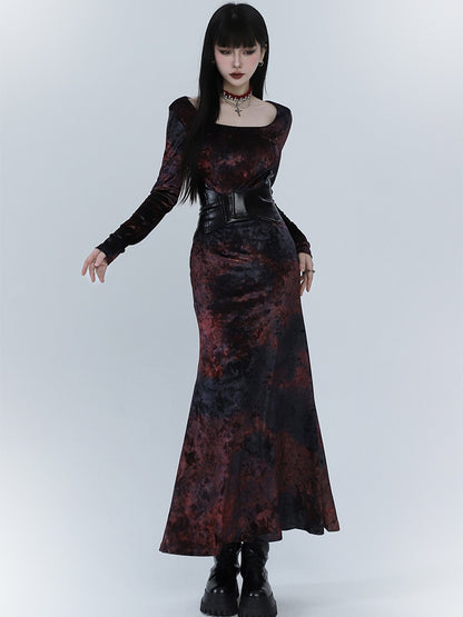 Robe sirène en velours noir et rouge tie-dye