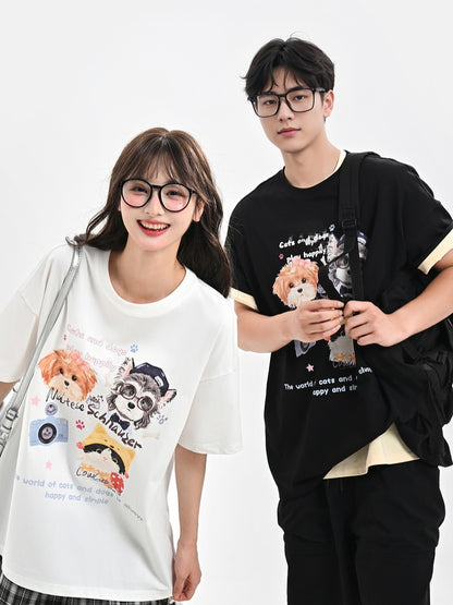 White/Black/Dark Blue Round Neck Puppy and Kitty Print Loose T-Shirt