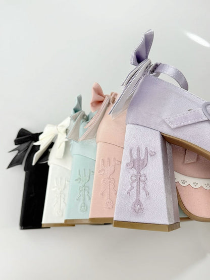 Purple Lolita Lace Bowknot Buckle Straps Fork Platform Block High Heels