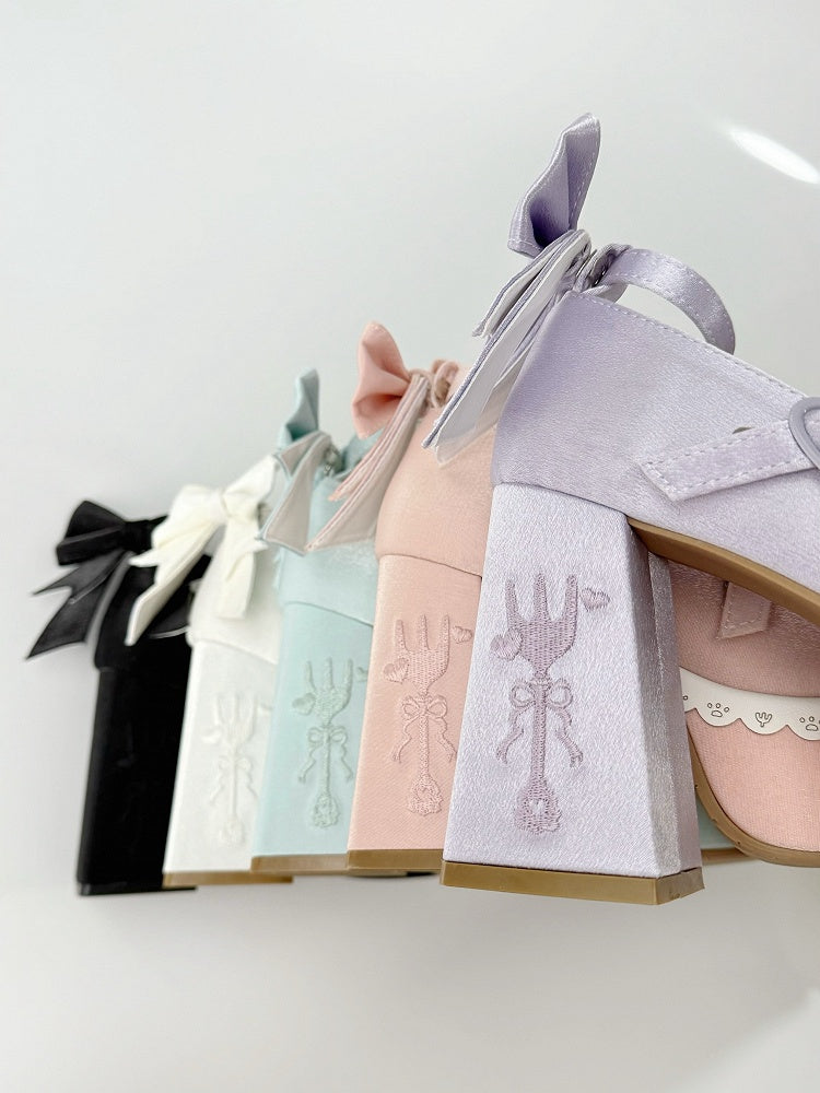 Platform Lace Straps Block Fork Buckle Heels Purple Bowknot Lolita Embroidery High