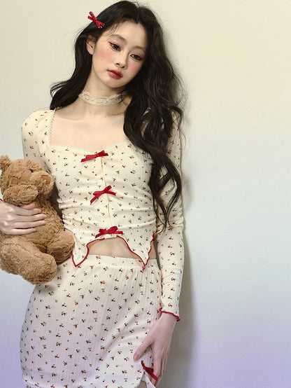 Apricot Floral Pattern Square Neckline Crop Top with Bowknot Details