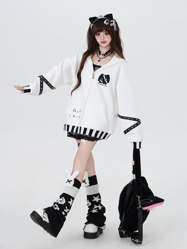 Black White Striped Bunny Ear Zip Hoodie