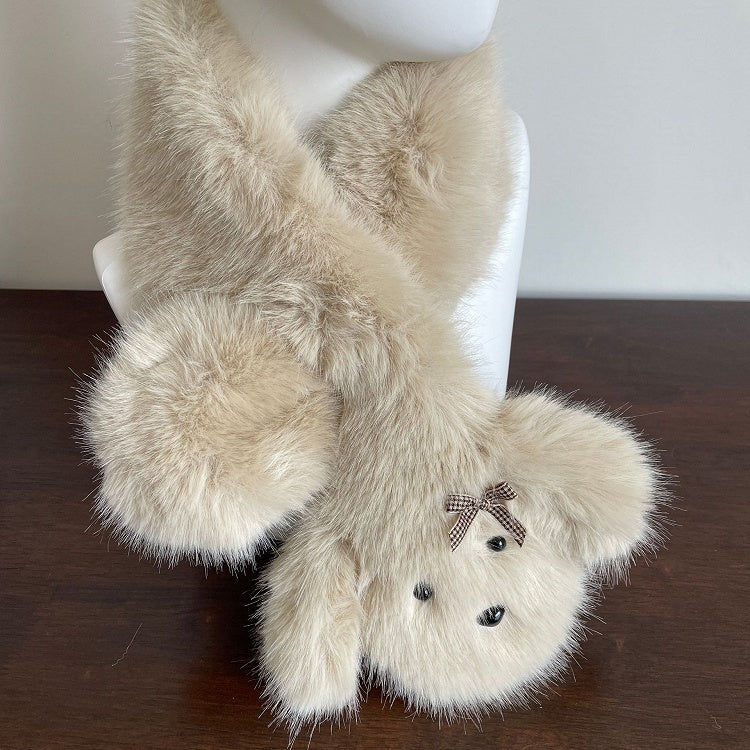 White Puppy-shaped Bow Detail Shaggy Scarf