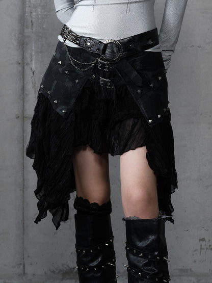 with Hem PU Asymmetrical Flair Skirt Black Studded Punk Edgy Lace Patchwork