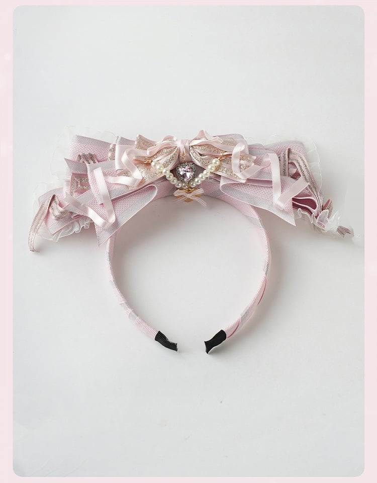 Lolita Pink Big Bow Beaded Chain and Heart Charm Lace Trim KC