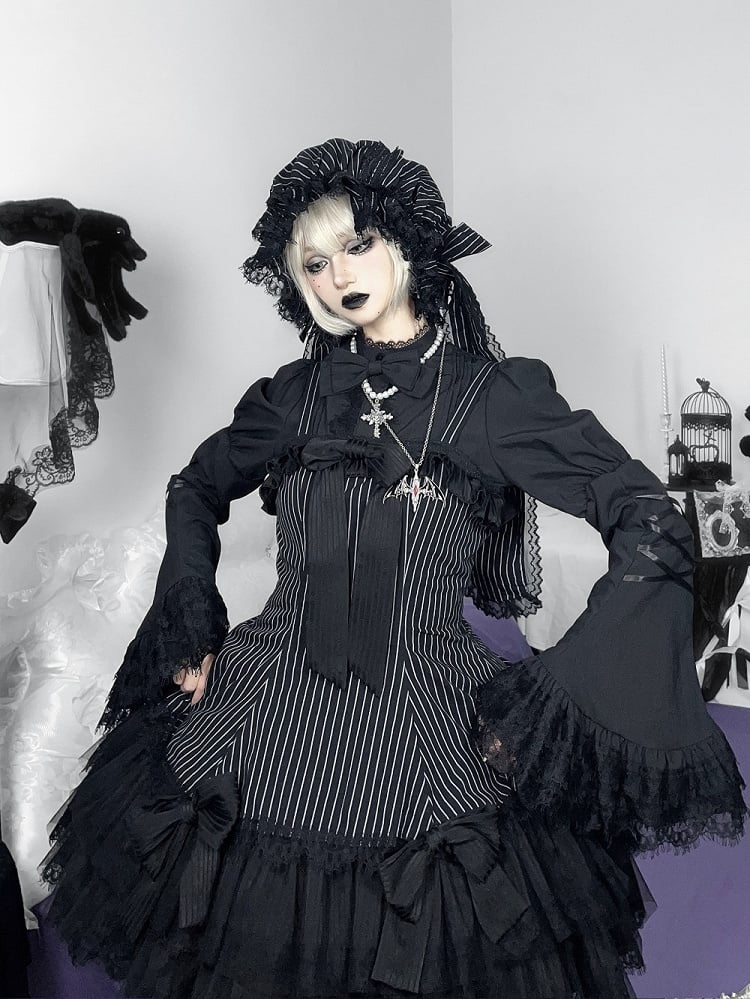 Jupe pull gothique Lolita à double épaisseur avec nœuds rayés noirs