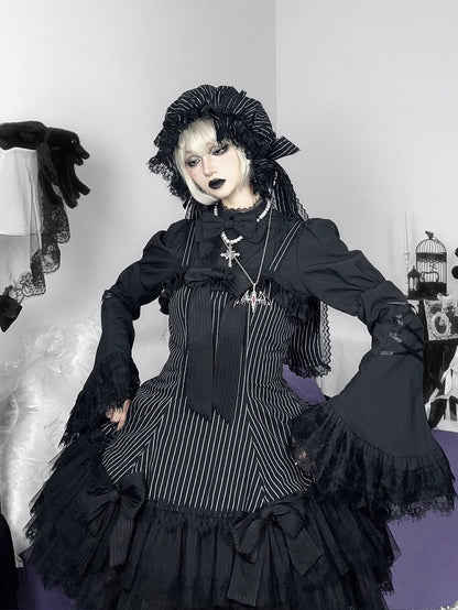 Jupe pull gothique Lolita à double épaisseur avec nœuds rayés noirs
