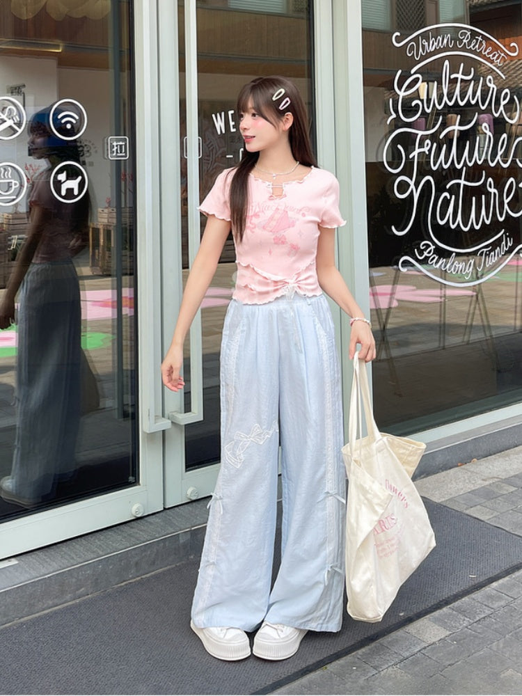 Neckline Pin Sweet T-Shirt Pink/Blue Cake Print Details Hem Lettuce Hem Big Bow