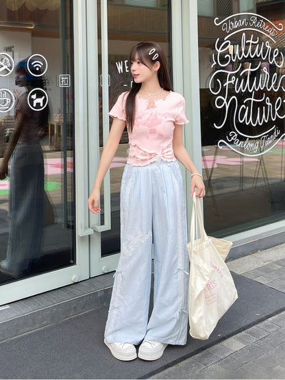 Neckline Pin Sweet T-Shirt Pink/Blue Cake Print Details Hem Lettuce Hem Big Bow