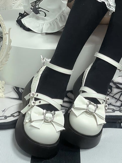 Y2K Matte White Bear Bowknot Buckle Strap Punk Platform Shoes