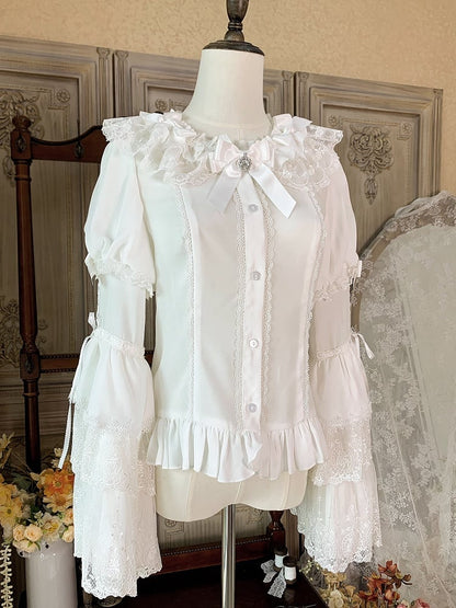 White Bowknots Adorned Ruffle Neckline Bell Sleeves Blouse