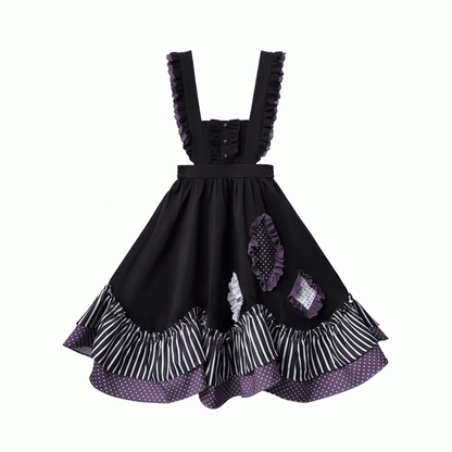Dress Bittersweet Lolita Apron in Black Stripes and Purple Polka Dot