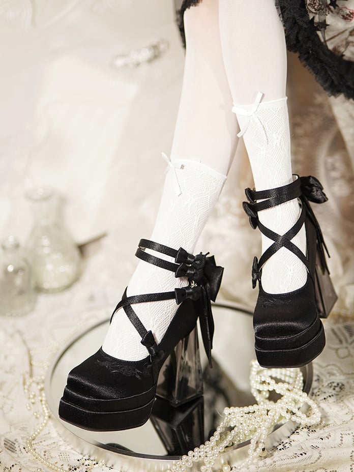 Black Camellia Flower High Block Heel Elegant Platform High Heels