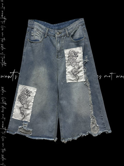 Blue Wide-leg Jeans Dragon Applique Raw Hem Distressed Holes Light