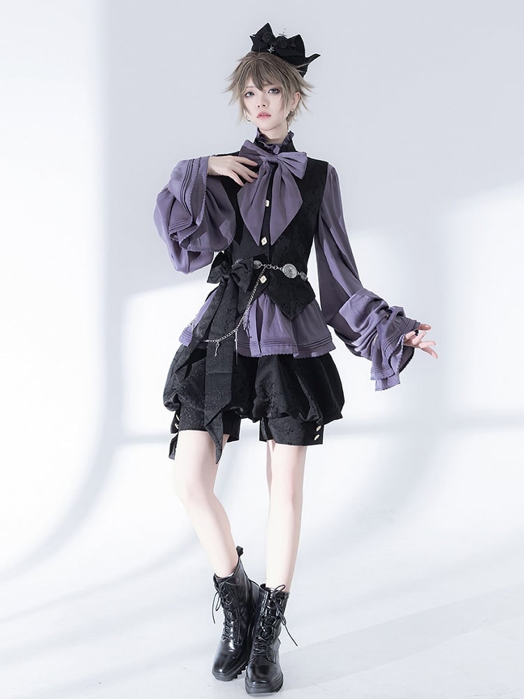 Sleeves Purple Neckline Bishop Poet Ruffle Blouse